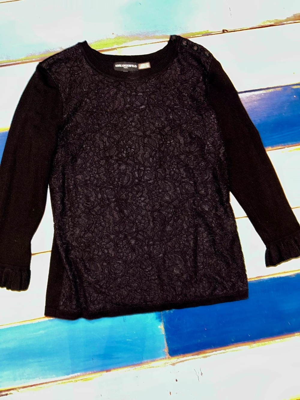Karl Lagerfeld Paris Black Floral Lace Ruffle Sleeve Sweater XS